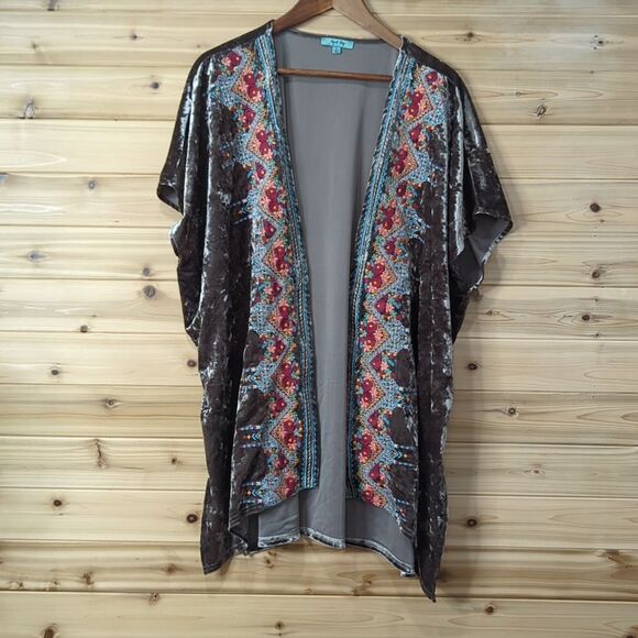 April Sky Kimono Womens Large Brown Velour Embroidered Short Sleeve Boho Fest - Picture 1 of 9